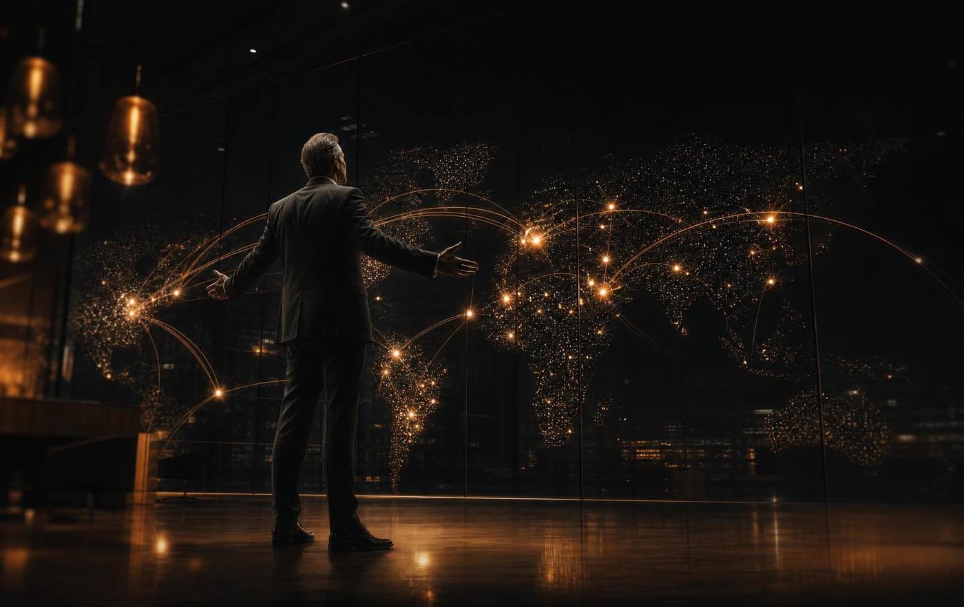 A single operator coordinating XCAILE's global delivery models across a world map of glowing nodes
